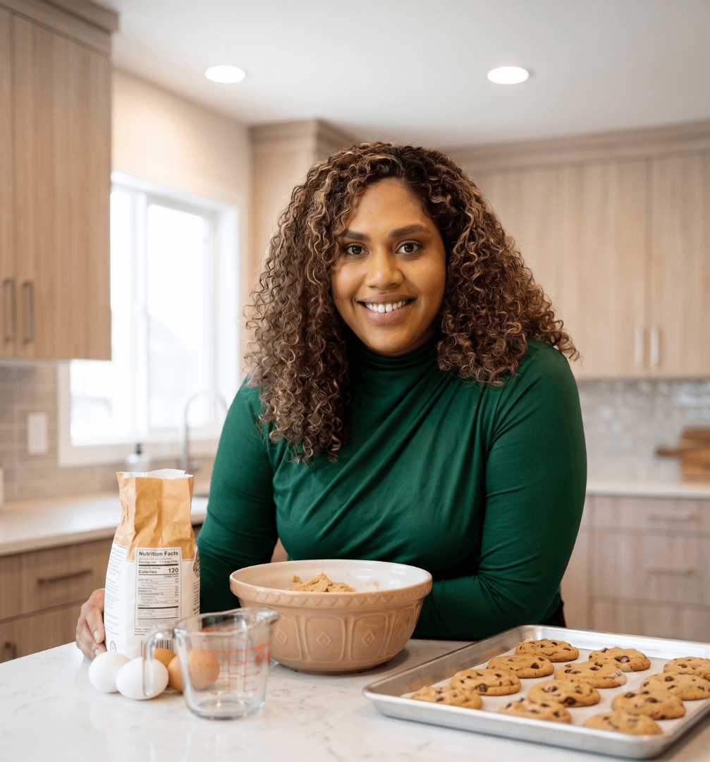 Bev smiling in her home kitchen with a mixing bowl and freshly baked cookies