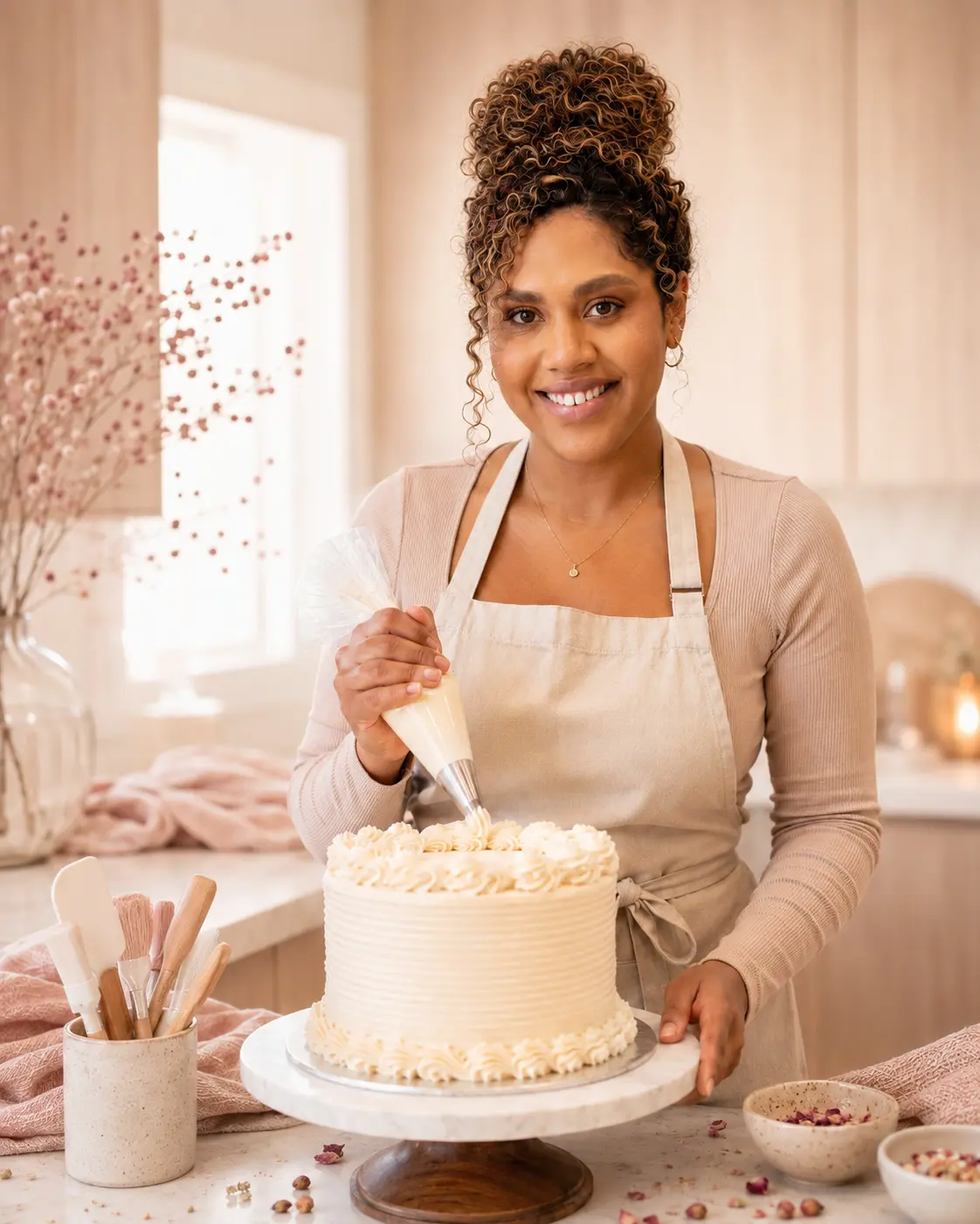 Bev decorating a celebration cake in the Velvet Sugar Bakes kitchen