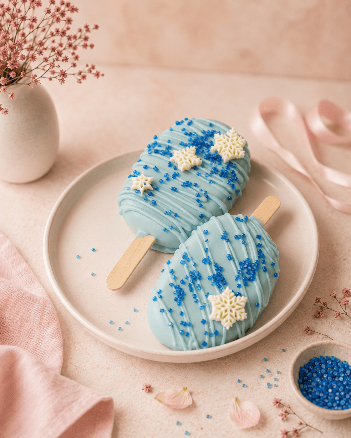 Blue themed cake pops on a ceramic plate