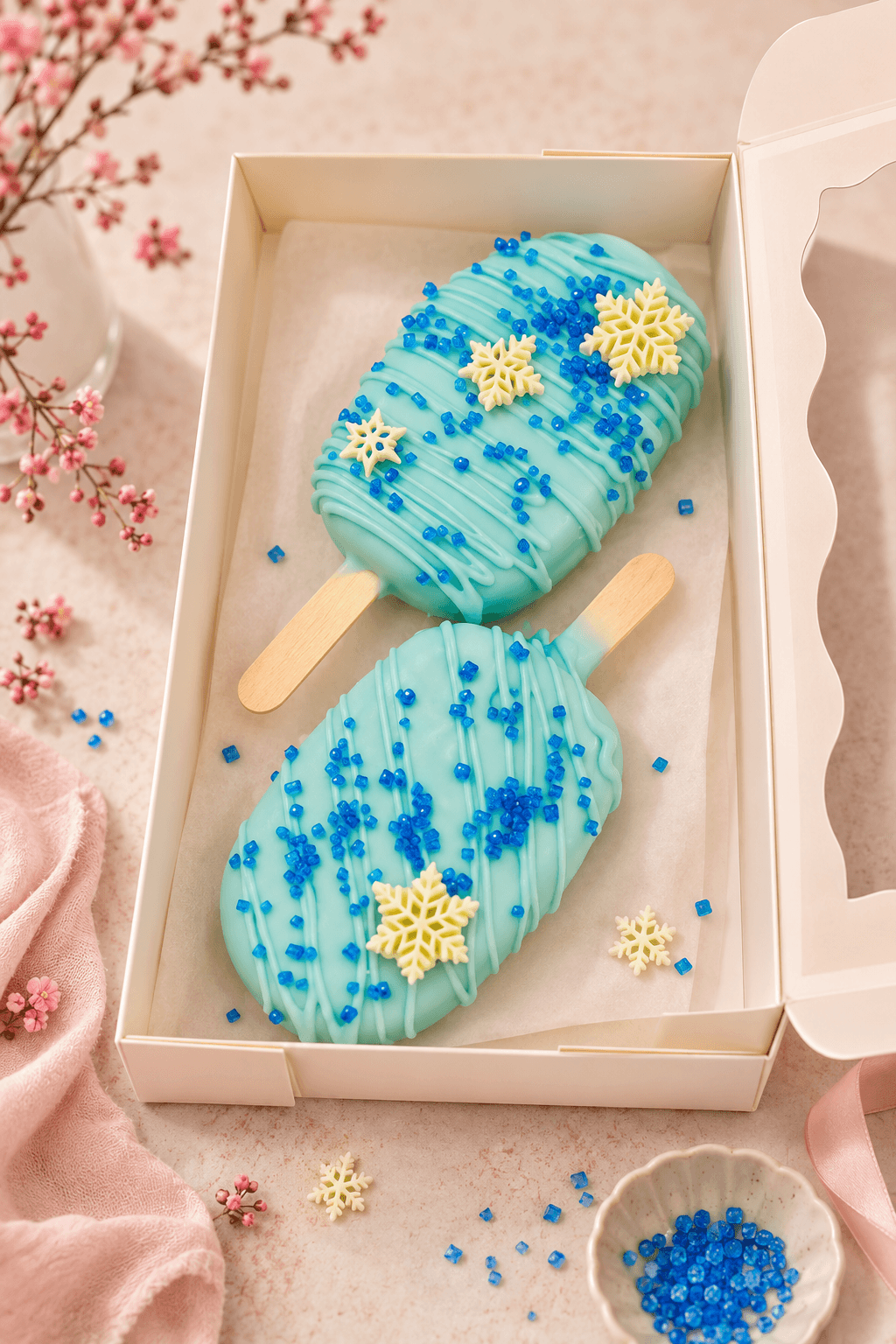 Blue snowflake cake pops boxed for gifting
