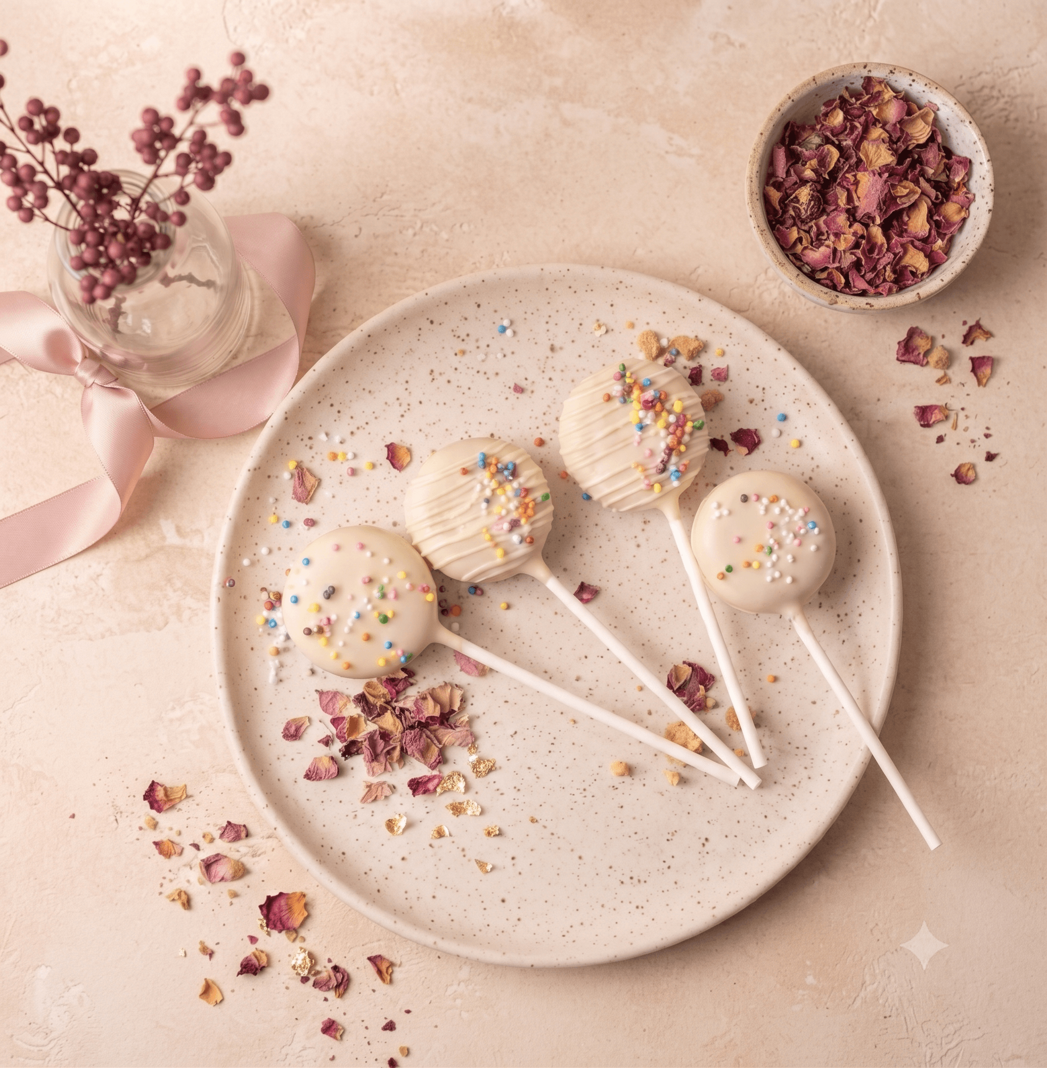 White chocolate cake pops with colourful sprinkles